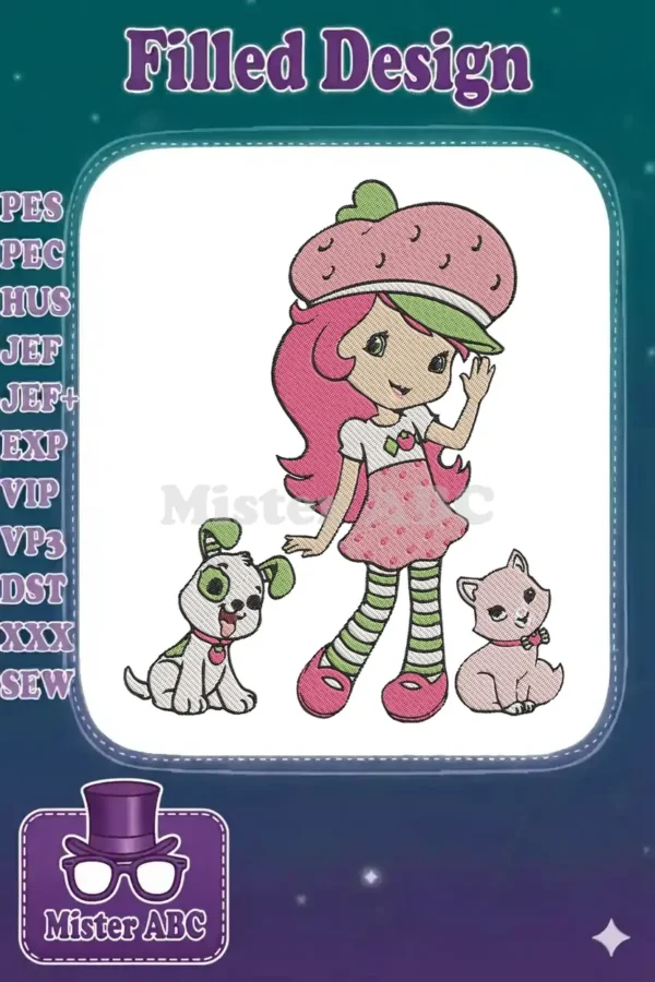 Vibrant Strawberry Shortcake embroidery design with her dog Pupcake and cat Custard, ready for machine stitching.