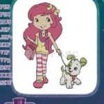 Pink-haired girl with strawberry bag walking cute puppy embroidery designs - Instant Download
