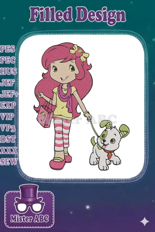 Strawberry Shortcake embroidery design walking her dog, featuring vibrant pink hair, striped pants, and a shopping bag.