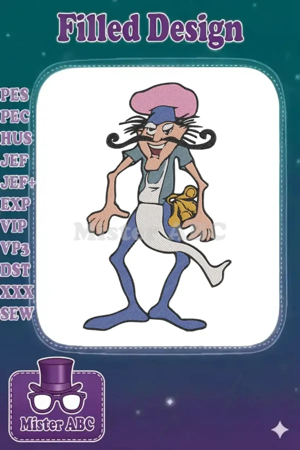 A vibrant embroidery design featuring a quirky, mustachioed cartoon chef with a pink hat and blue apron, holding a yellow object.