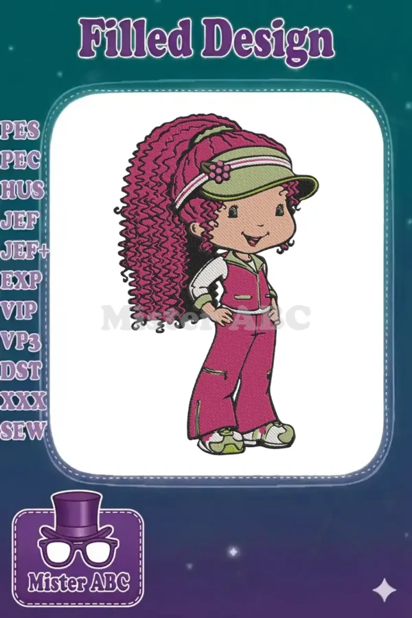 Full-body embroidery of Strawberry Shortcake in a pink tracksuit and green visor, with curly pink hair, smiling warmly.