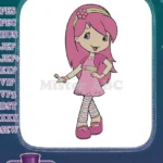 Adorable pink-haired girl with flower and striped leggings embroidery designs - Instant Download