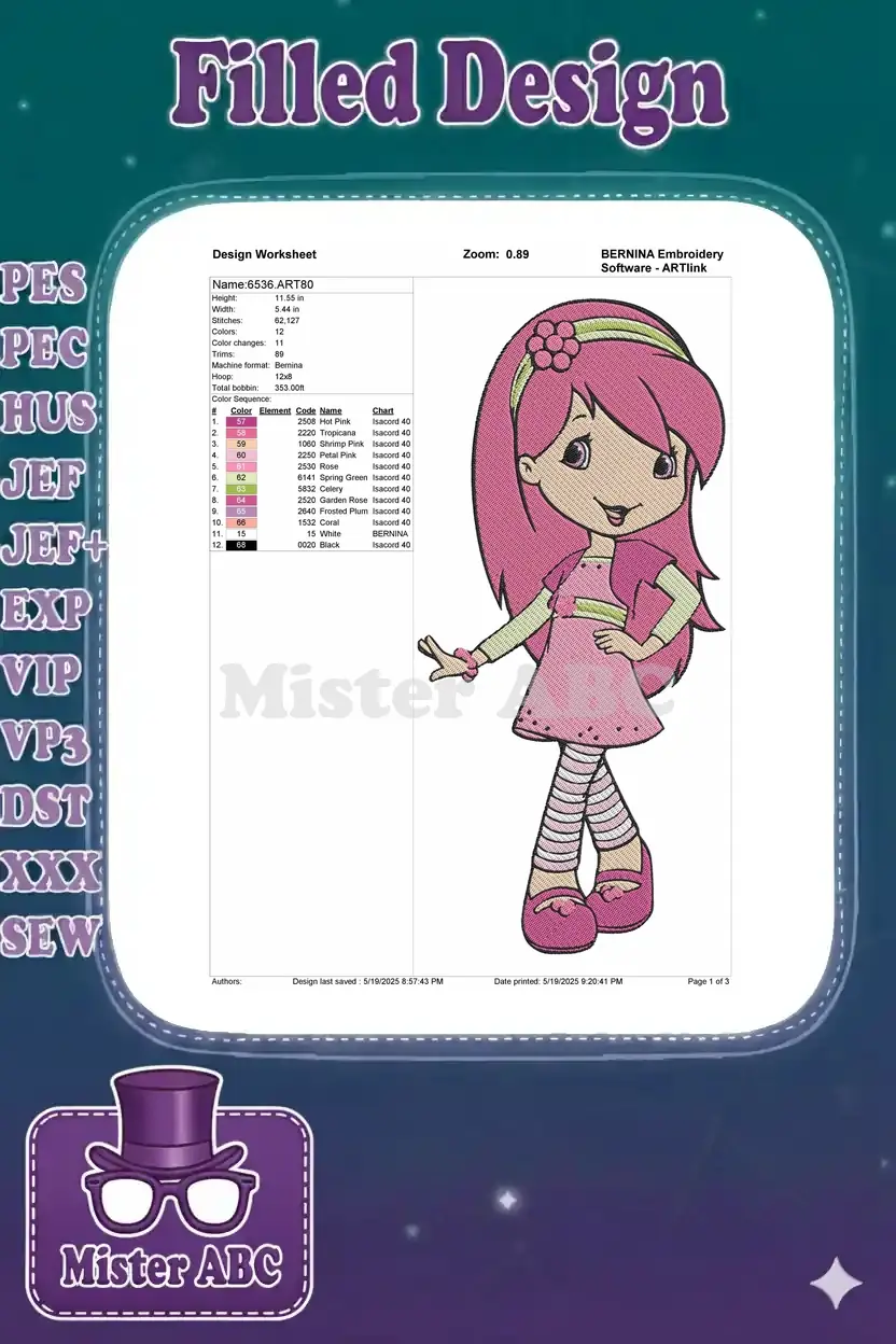 Detailed embroidery design worksheet for Strawberry Shortcake, showing dimensions, stitch count, and color sequence.