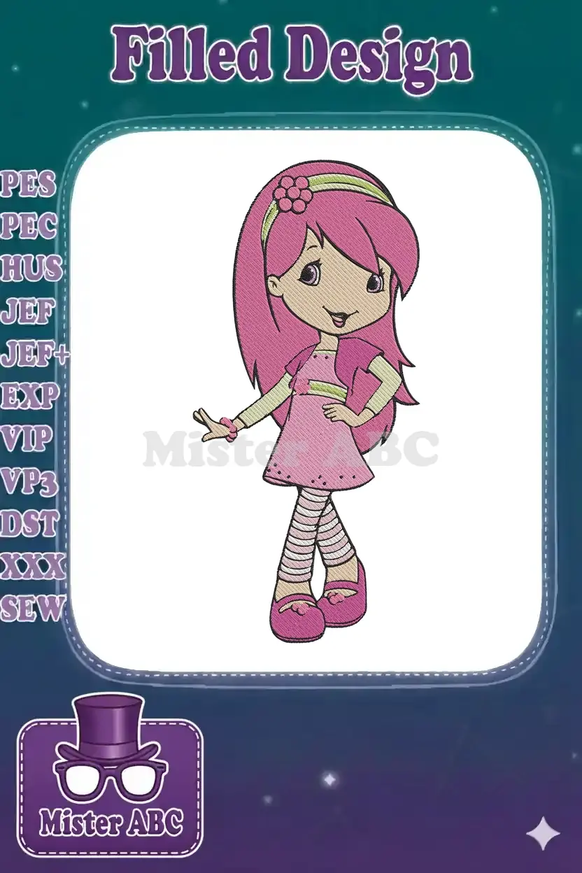 Vibrant Strawberry Shortcake character embroidery design with pink hair, dress, and striped leggings, ready to stitch.