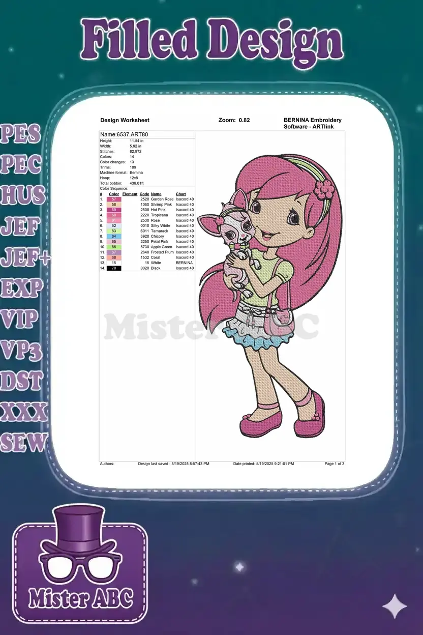 Embroidery design worksheet for Strawberry Shortcake, showing dimensions, stitch count, color changes, and thread chart.