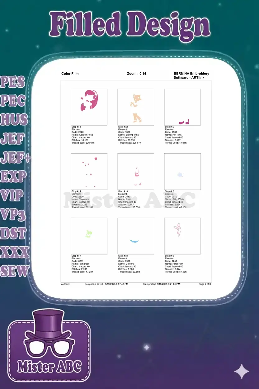 First page of the color film, illustrating the initial embroidery stitch sequences and thread usage for the design.