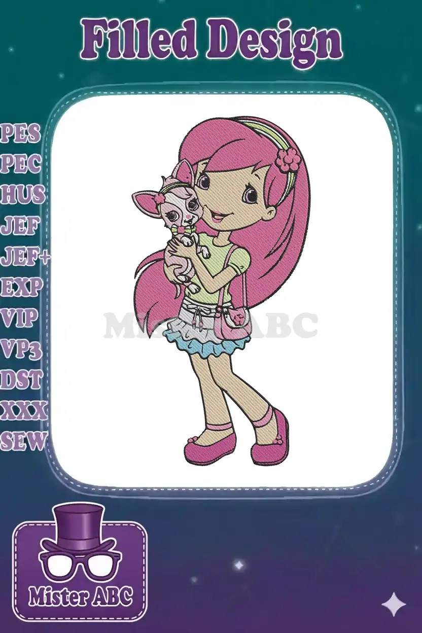 Vibrant embroidery of Strawberry Shortcake with long pink hair, holding a small, cute pink and white chihuahua puppy.