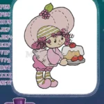 Pink hat girl with berry cake dessert embroidery designs - Instant Download