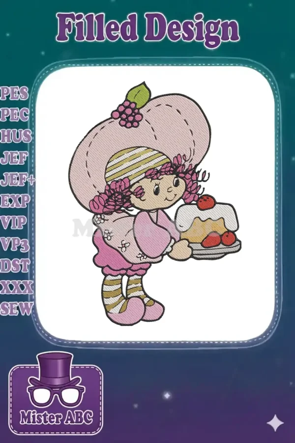 A delightful embroidery of Raspberry Tart, a charming girl with pink hair and a hat, holding a delicious berry tart.