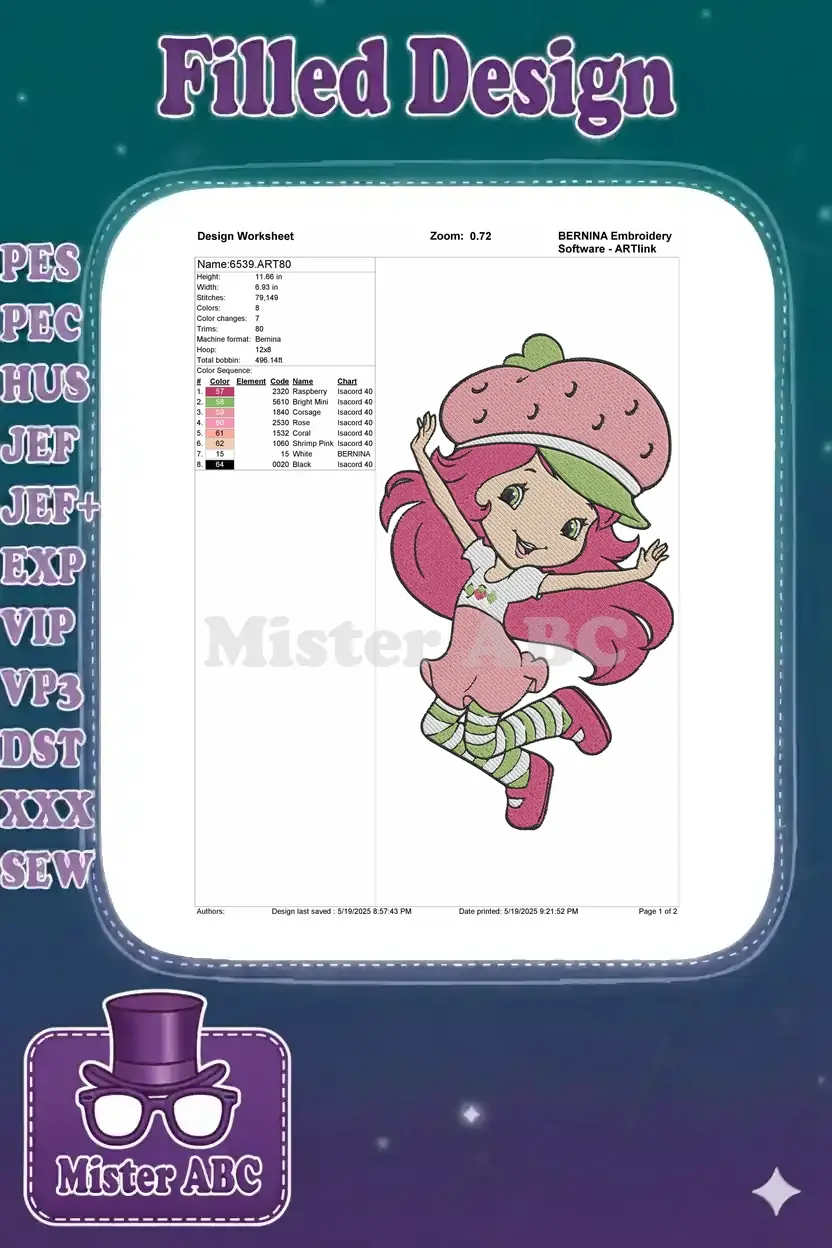 A comprehensive Bernina Design Worksheet for the Strawberry Shortcake embroidery, detailing dimensions, stitch count, and colors.
