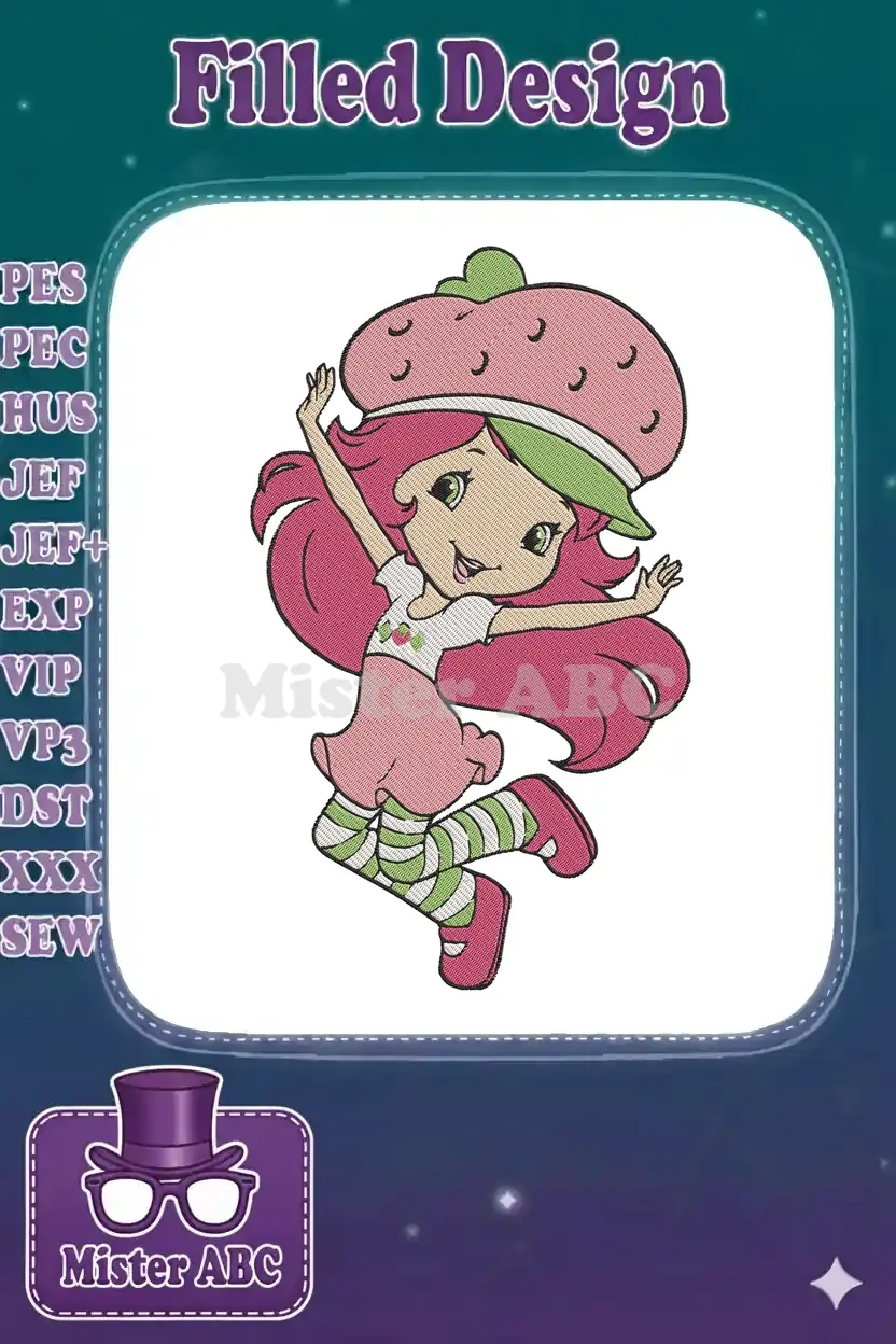 A vibrant embroidery design featuring Strawberry Shortcake in a playful pose, with her iconic hat and cheerful expression.