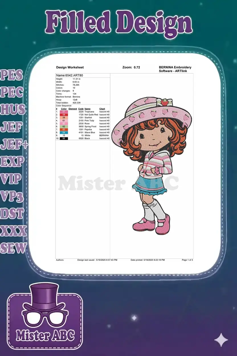 Embroidery design worksheet for Strawberry Shortcake, showing dimensions, stitch count, color sequence, and thread chart.