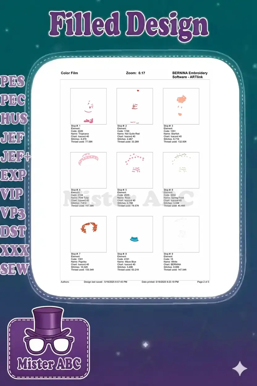 First page of the color film for Strawberry Shortcake embroidery, showing the initial 7 color stops and thread usage.