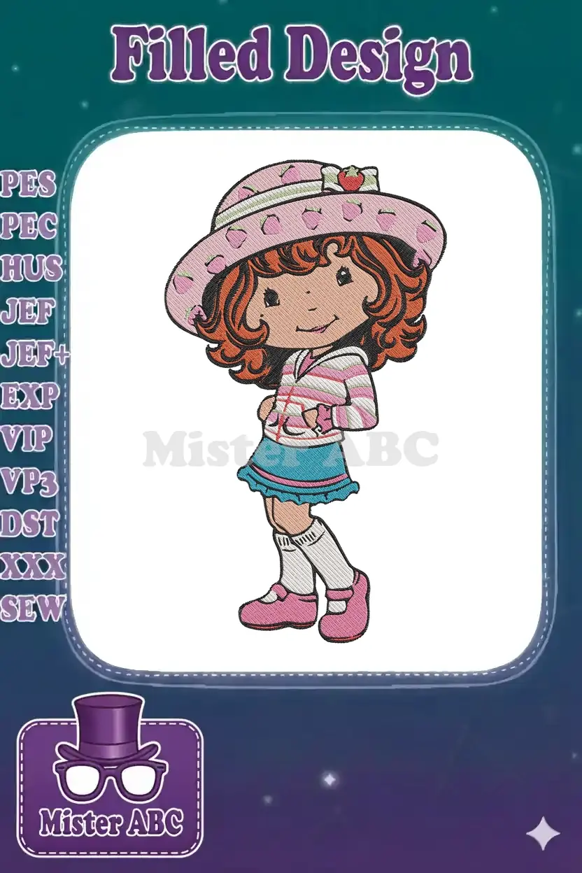 Full-body embroidery design of Strawberry Shortcake wearing a pink strawberry hat, striped hoodie, and blue skirt, smiling.