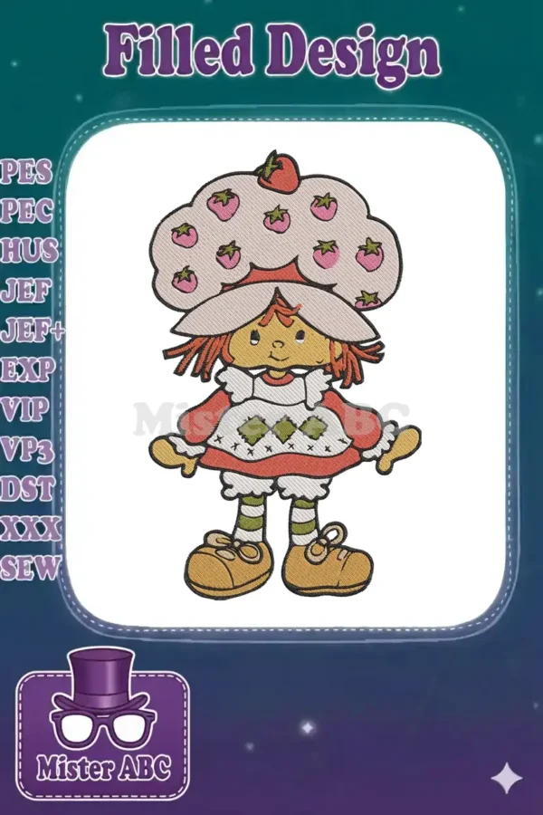Full view of a classic Strawberry Shortcake embroidery design, featuring her iconic hat, dress, and shoes.