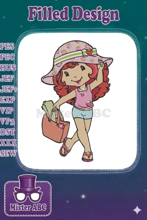 Vibrant Strawberry Shortcake embroidery design, ready for summer adventures with a hat and beach bag. Perfect for fans.