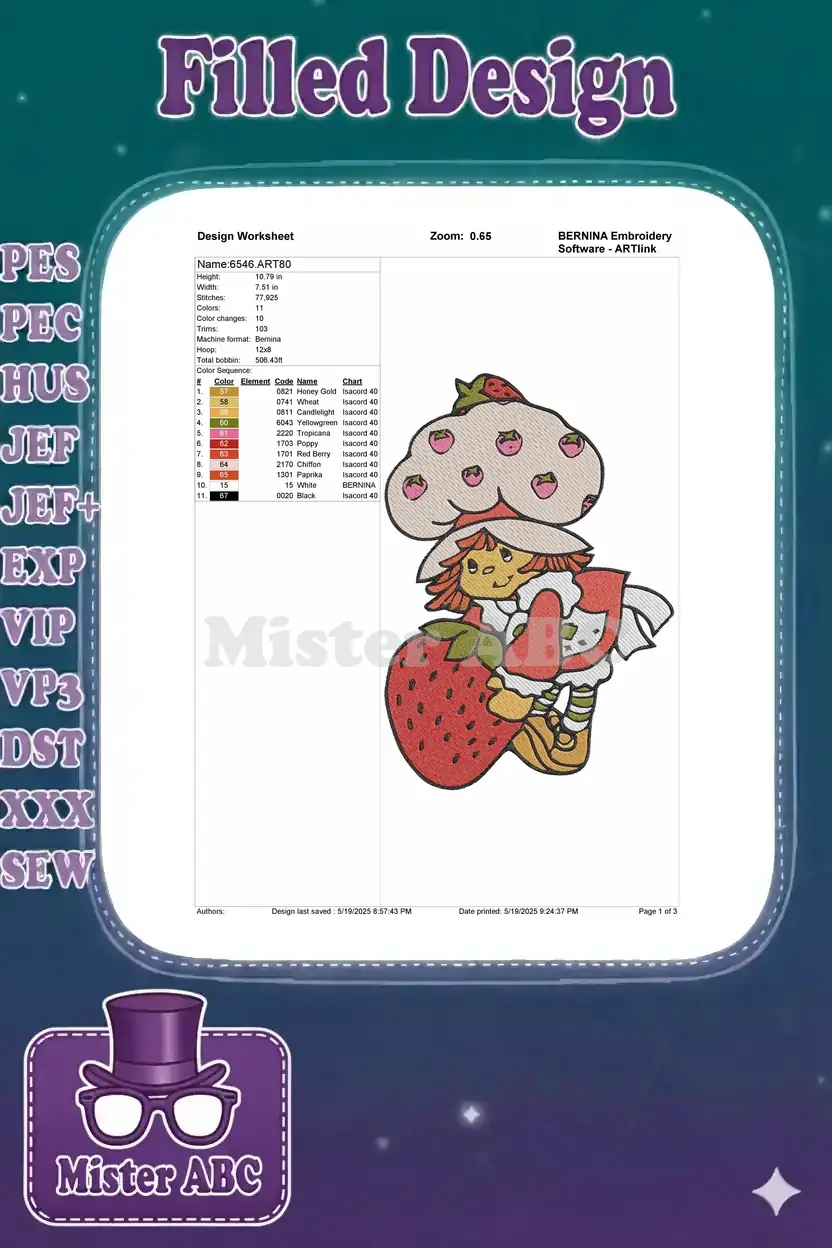 Embroidery design worksheet for Strawberry Shortcake, detailing dimensions, stitch count, and color sequence for design 6546.