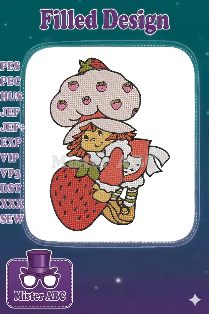 Vibrant Strawberry Shortcake embroidery design, featuring the beloved character holding a large strawberry, perfect for apparel.