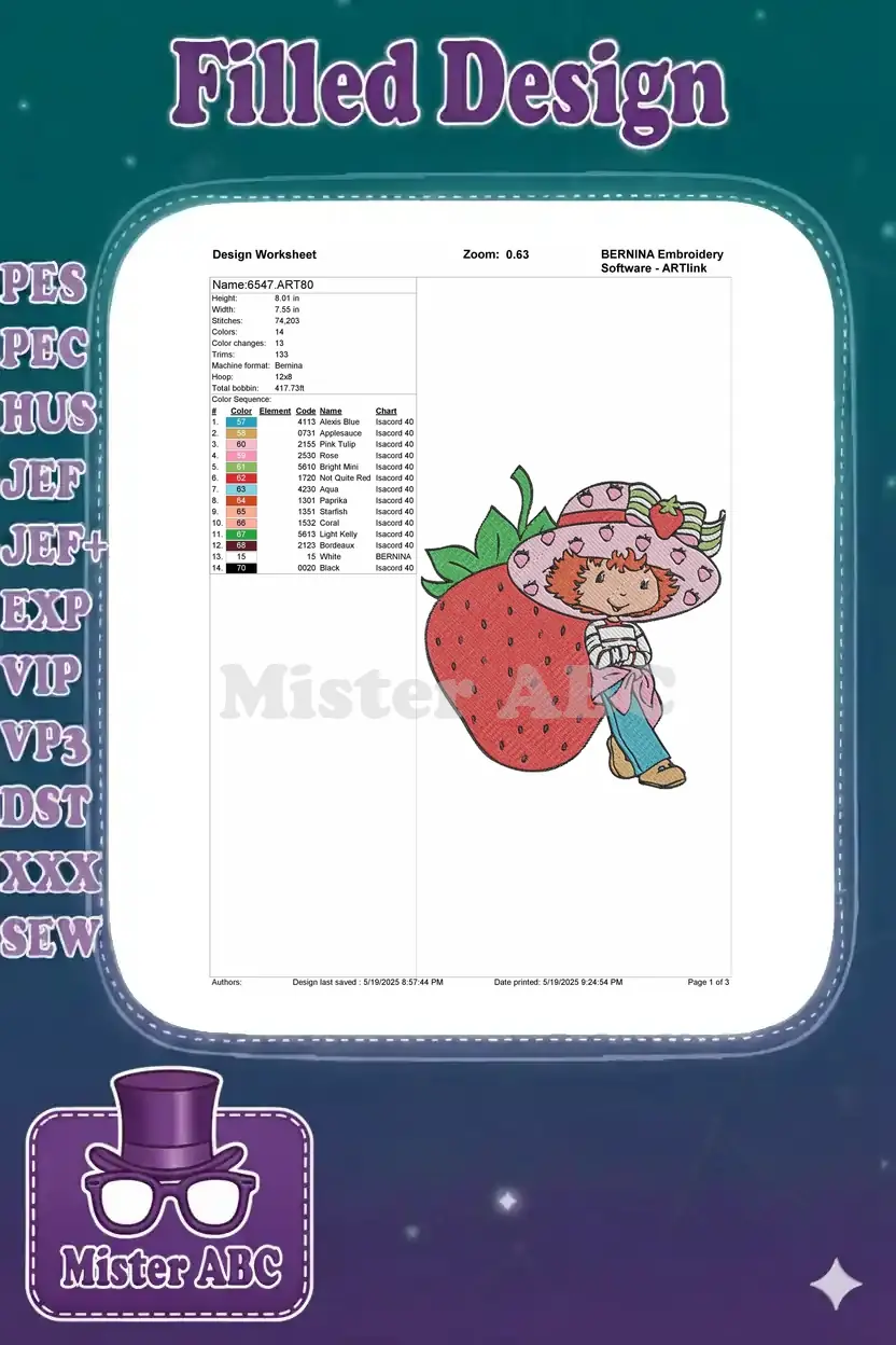 Detailed embroidery design worksheet for Strawberry Shortcake, showing dimensions, stitch count, and color sequence.