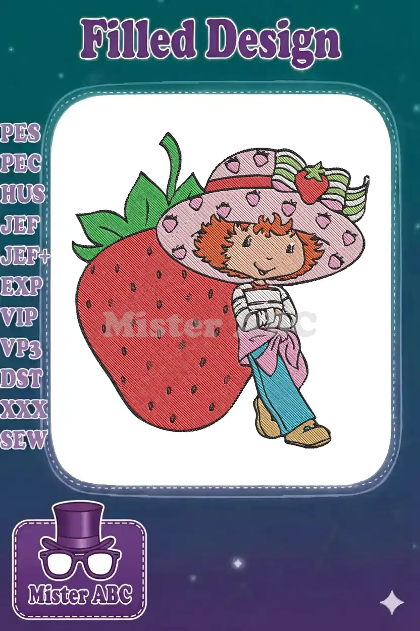Vibrant embroidery of Strawberry Shortcake leaning on a giant strawberry, featuring rich colors and detailed stitching.
