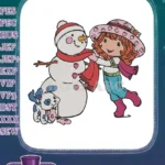 Strawberry Shortcake Helping Snowman with Puppy Winter Embroidery Designs - Instant Download