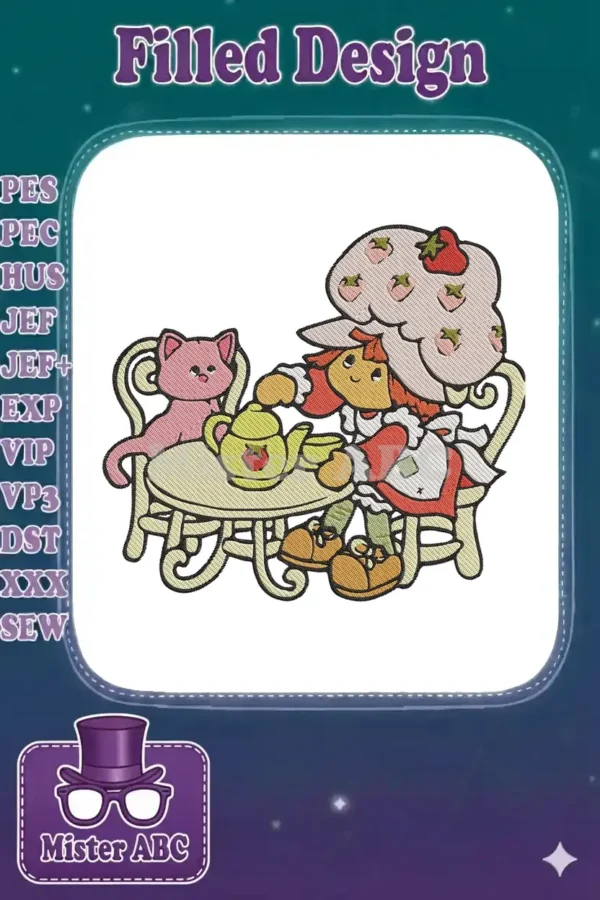 Strawberry Shortcake and Custard embroidery design having a tea party, featuring vibrant colors and detailed stitching.