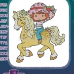 Adorable Strawberry Shortcake riding a spotted yellow horse embroidery designs - Instant Download