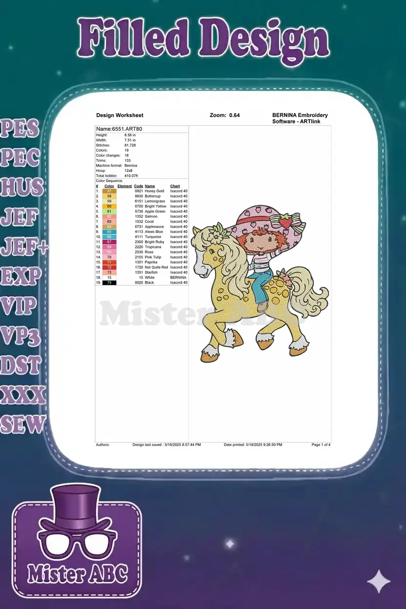 Embroidery design worksheet for '6551.ART80', showing design dimensions, stitch count, colors, and a preview.