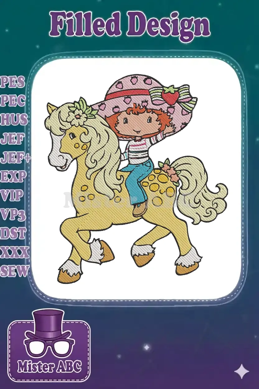 Full-color Strawberry Shortcake embroidery design, riding a cheerful yellow horse with polka dots and flowers.