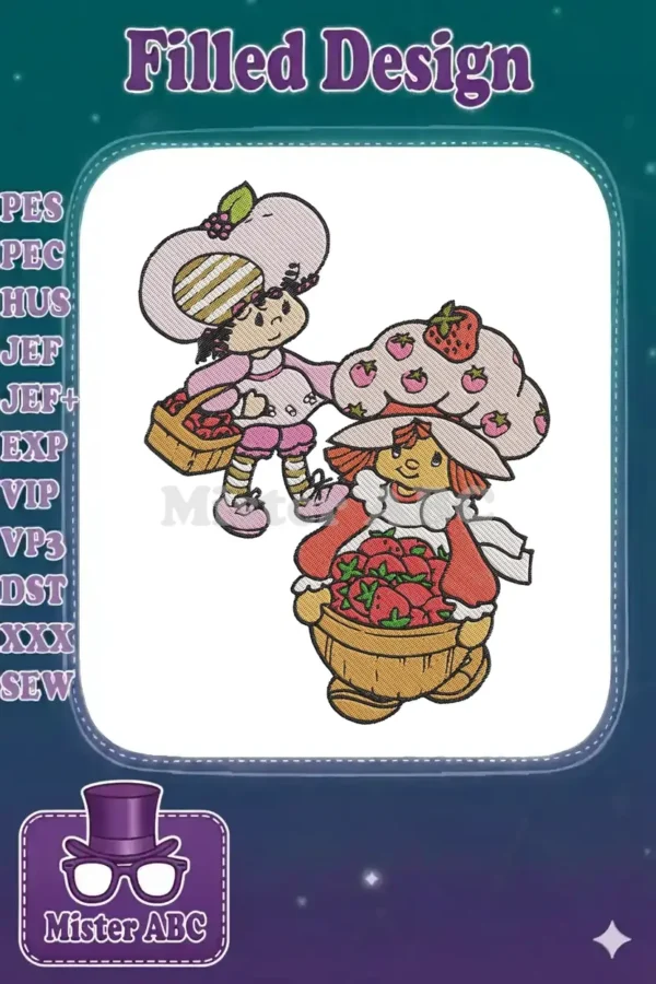 Full embroidery design of Strawberry Shortcake holding a basket, alongside Huckleberry Pie with a large berry basket.