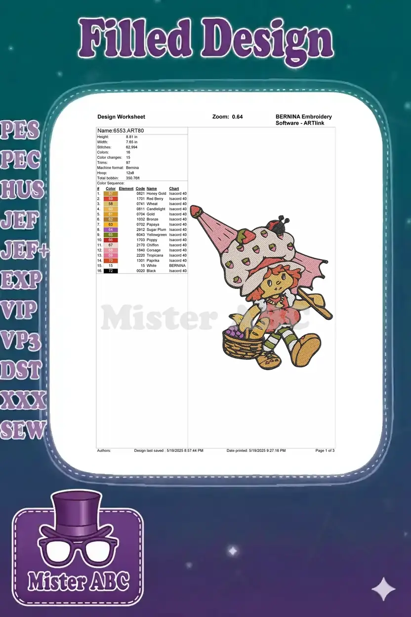 A detailed embroidery design worksheet showing stitching parameters, color sequence, and a small preview of the design.