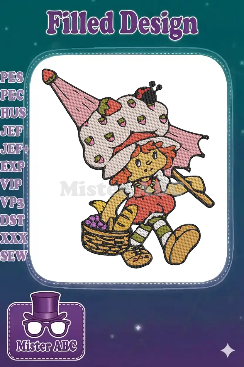 A colorful embroidery design of Strawberry Shortcake walking, holding a basket of grapes and a large strawberry-themed umbrella.