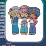 Three cheerful cartoon girls hugging friends embroidery designs - Instant Download