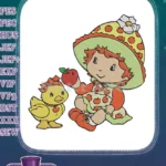 Cute Strawberry Shortcake girl with duck and apple embroidery designs - Instant Download