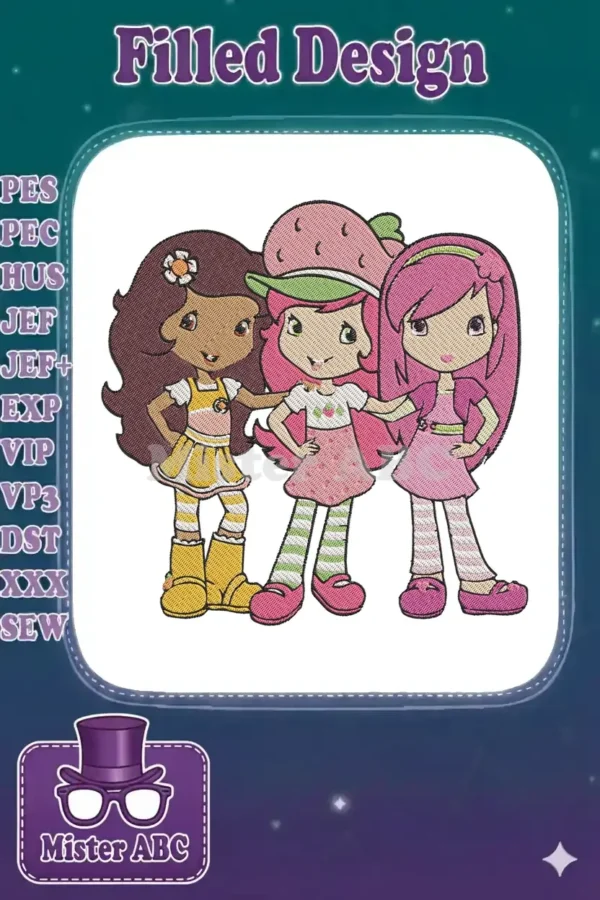 Three cheerful Strawberry Shortcake characters, including Orange Blossom, in a vibrant, detailed embroidery design.