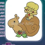 Cute girl riding happy snail with strawberries embroidery designs - Instant Download