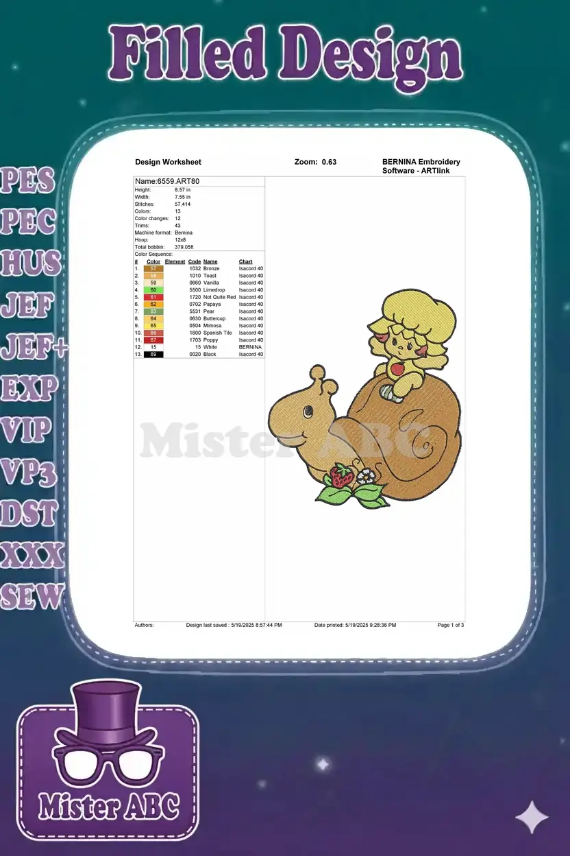Design worksheet detailing the Lemon Meringue and snail embroidery, including size, stitch count, and color guide.