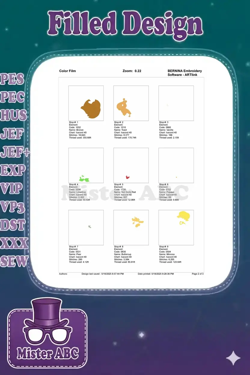 Color film page one, illustrating the first nine embroidery stops with thread codes, names, and stitch details.
