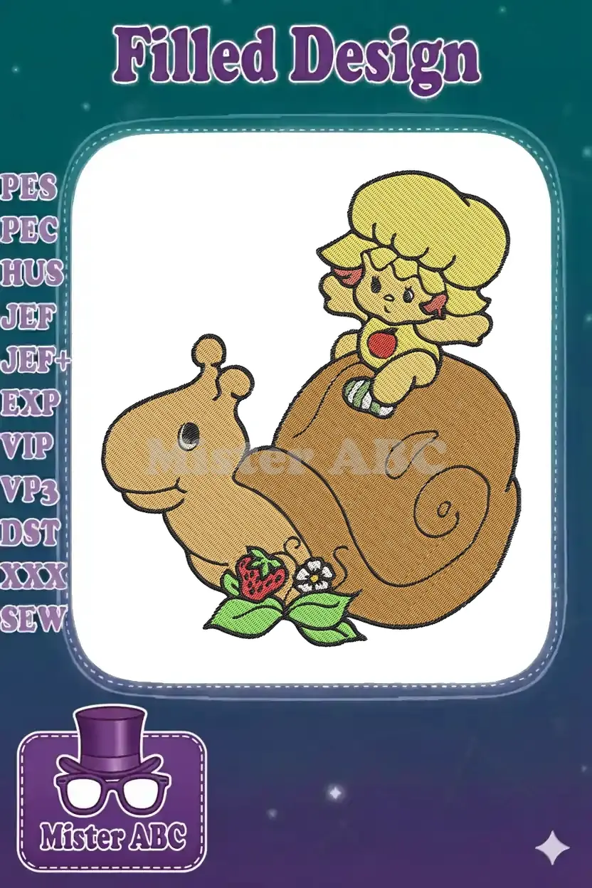 Detailed embroidery of Lemon Meringue riding a friendly snail, with a strawberry and flower. Captures playful charm.