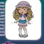 Cute cartoon girl with purple hat and curly hair embroidery designs - Instant Download