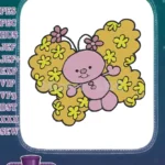 Cute pink happy butterfly character with floral yellow wings embroidery designs - Instant Download