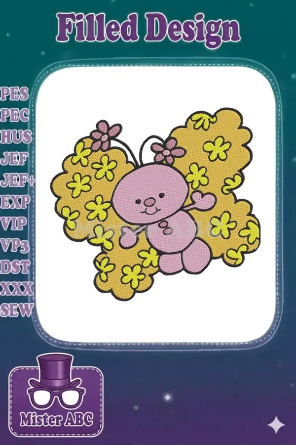 A whimsical pink butterfly character with large yellow wings adorned with flowers, digitally embroidered.