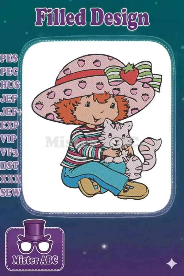 Adorable Strawberry Shortcake embroidery design, sweetly hugging her pink cat, Custard, with a big strawberry hat.