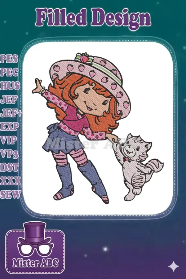 Strawberry Shortcake and her cat, Custard, standing together in a vibrant, detailed embroidery design.