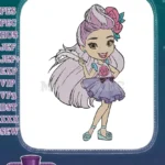 Smiling cartoon girl with rose hair and quill embroidery designs - Instant Download