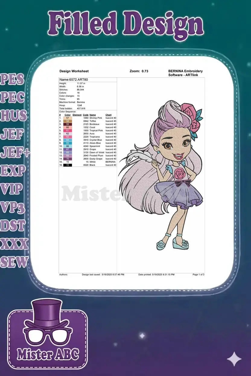 Detailed embroidery worksheet for design 6572, including size, stitch count, color sequence, and design preview.