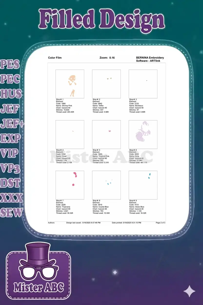 Detailed color film view showcasing the first nine embroidery elements, illustrating individual stitch areas and thread usage.