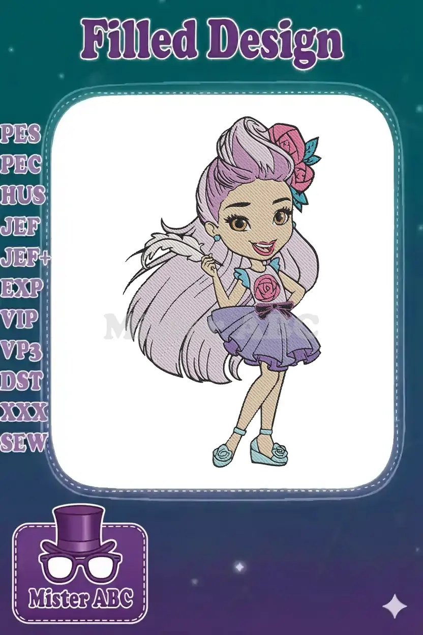 Stunning embroidery design of a whimsical girl with flowing pastel purple hair, adorned with roses, holding a feather quill.