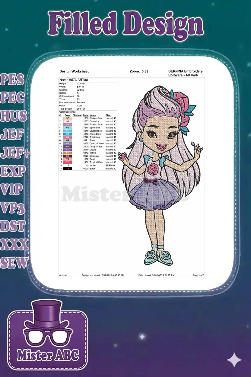 Embroidery design worksheet detailing dimensions, stitch count, color sequence, and thread brands.