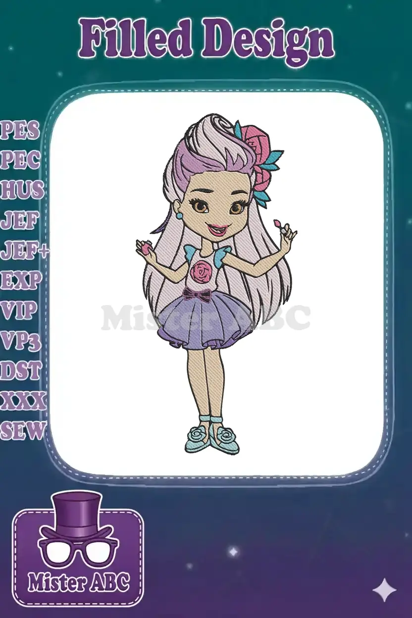 Vibrant embroidery design of a stylish girl with pink/purple hair, holding lipstick, featuring rose motifs.